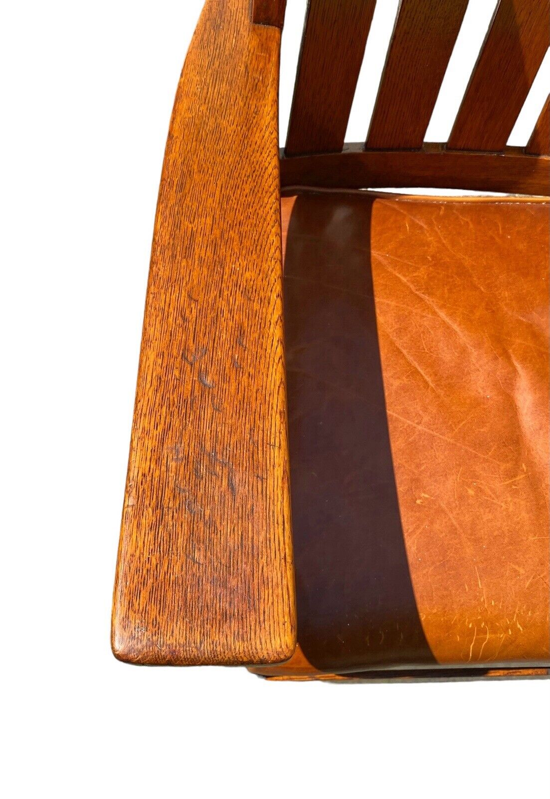 Rare Antique Art & Crafts Oak Wingback Armchair with Orange Leather Seat - Bay Colony Antiques Antiques:Furniture:Chairs