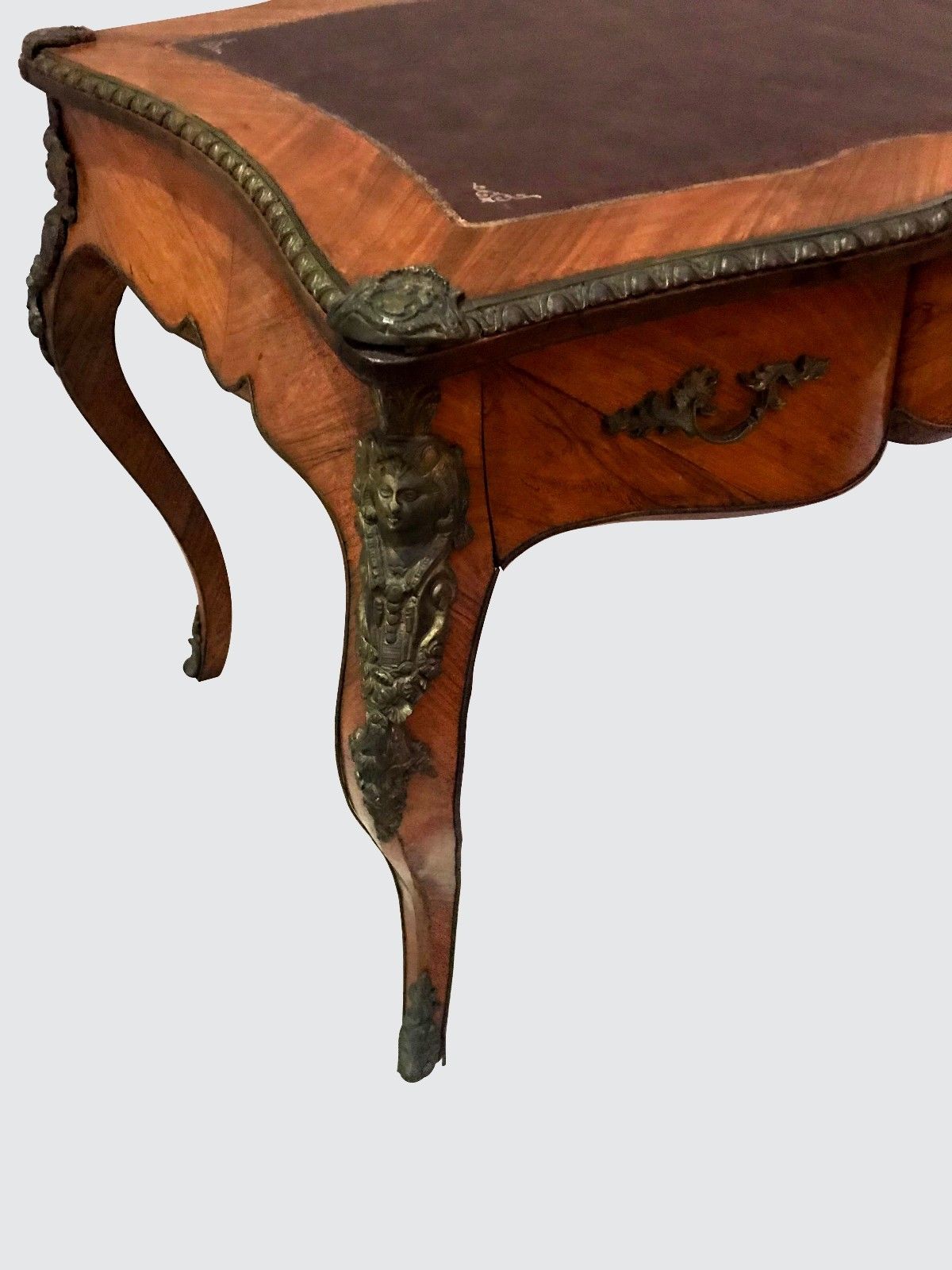 FRENCH LOUIS XV STYLED BUREAU PLAT LEATHER TOPPED WRITING DESK