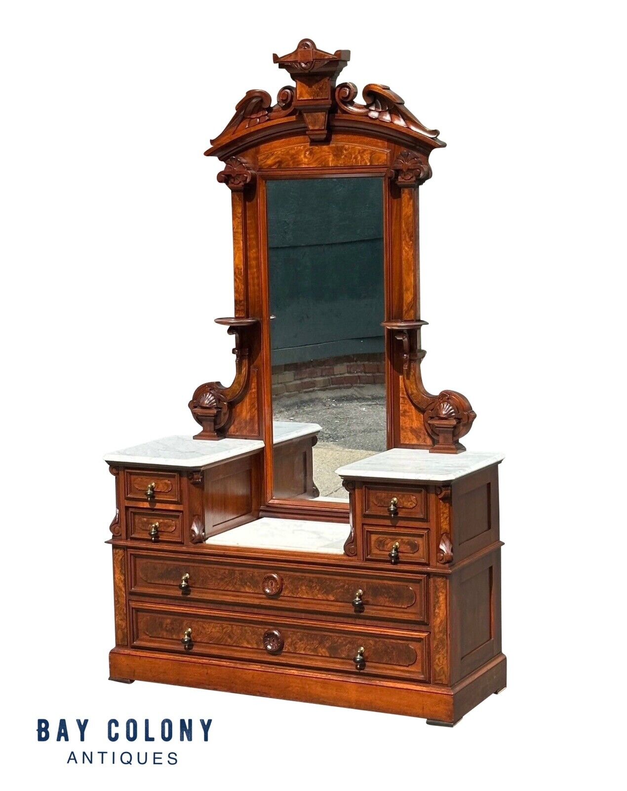 Antique Victorian Burled Walnut Marble Top Dresser With Fine Shell Car Bay Colony Antiques Antique Victorian Burled Walnut Marble Top Dresser With Fine Shell Car Bay Colony Antiques