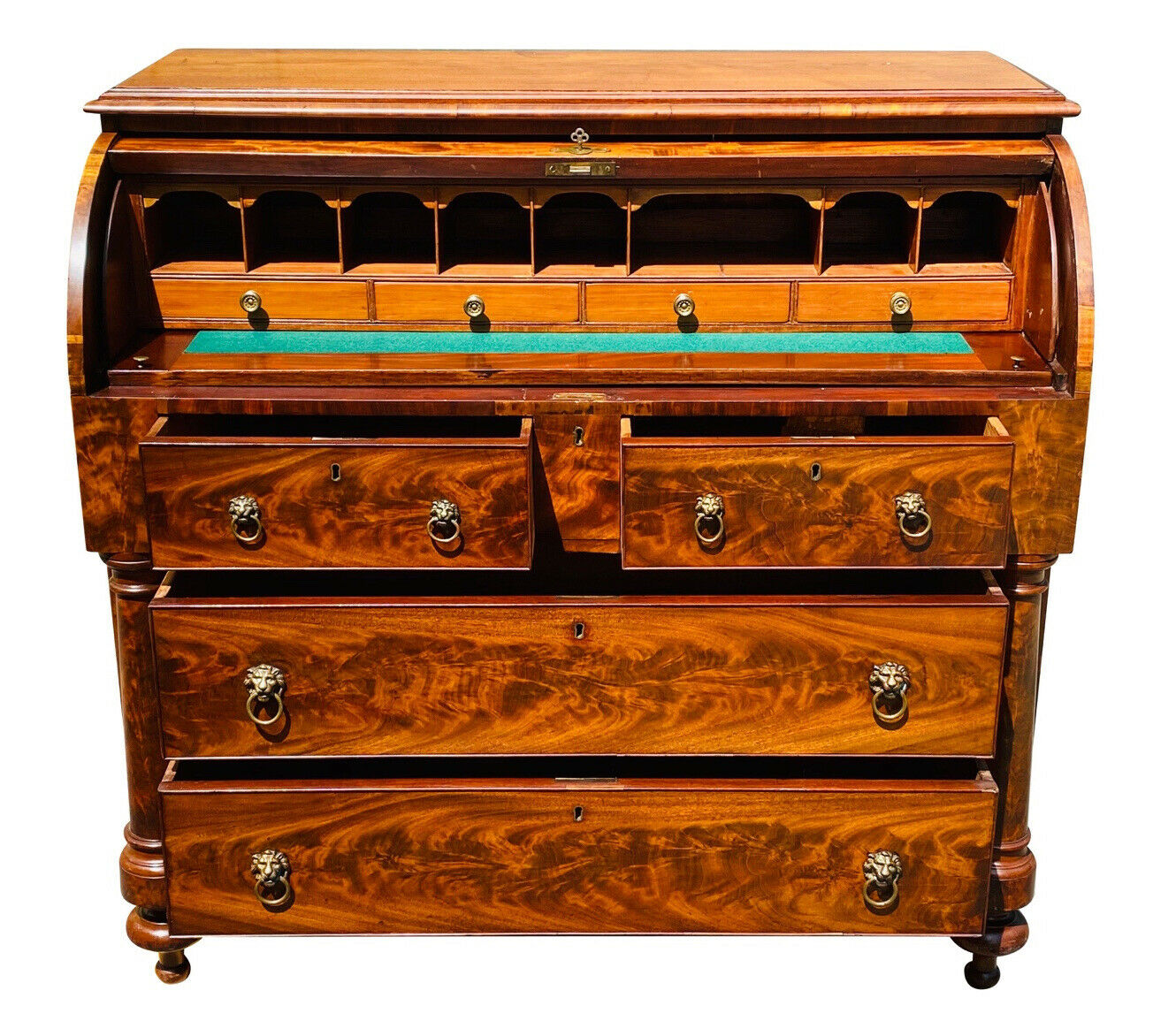 19TH C ANTIQUE FEDERAL PERIOD CLASSICAL MAHOGANY CYLINDER ROLL DESK