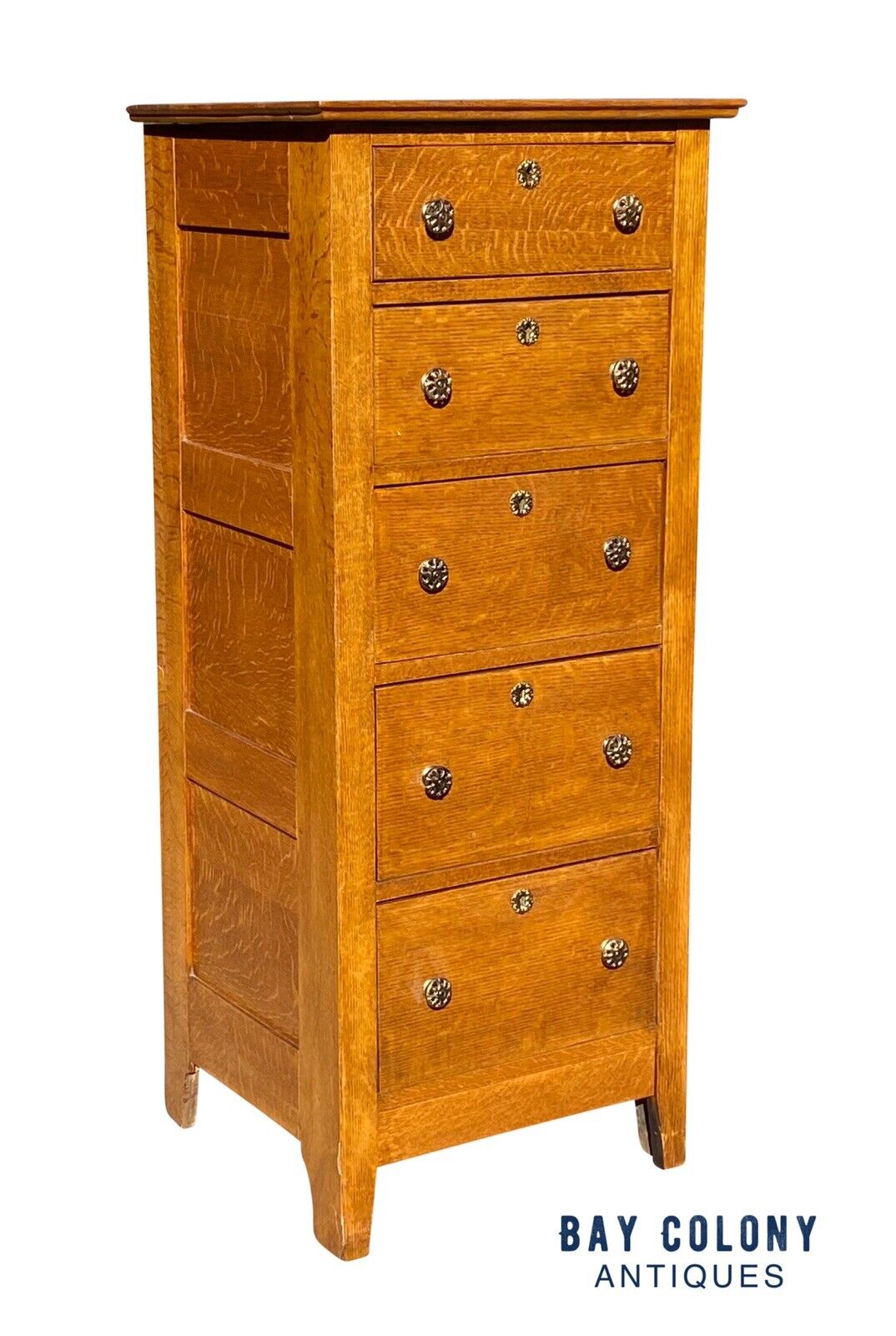 19th C Antique Victorian Tiger Oak 5 Drawer Lingerie Chest / Dresser