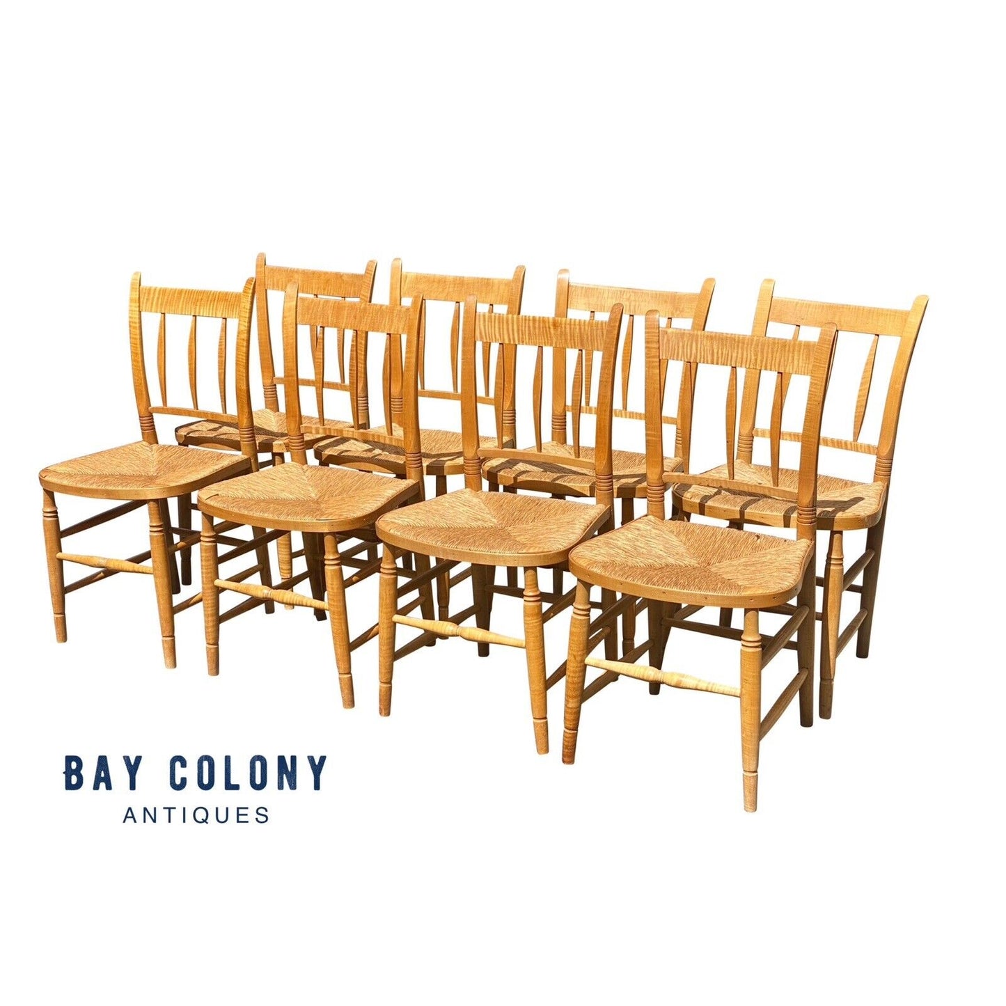 Set of Eight Federal Style Tiger Maple Country Windsor Thumb Back Dining Chairs