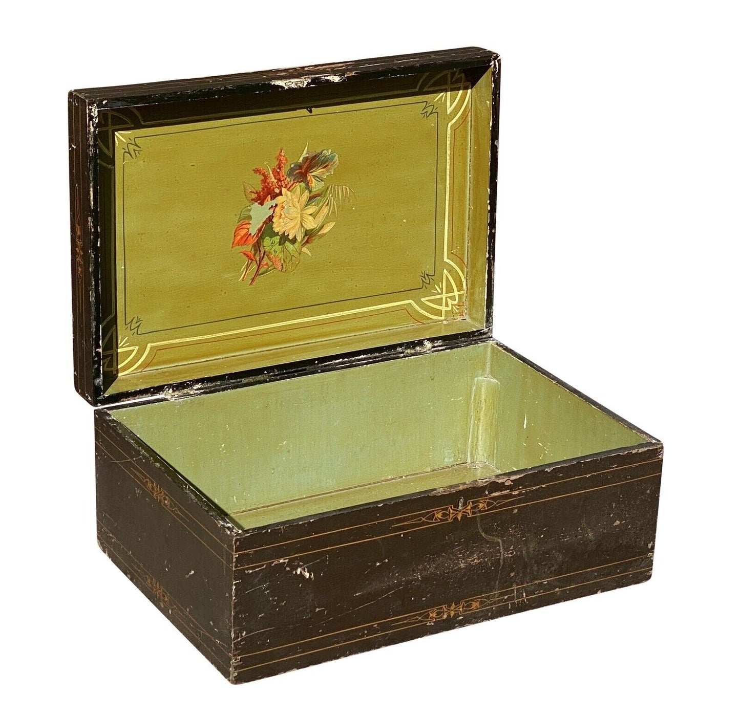 19th C Antique Folk Art Painted Document Box Depicting Native American War Chief