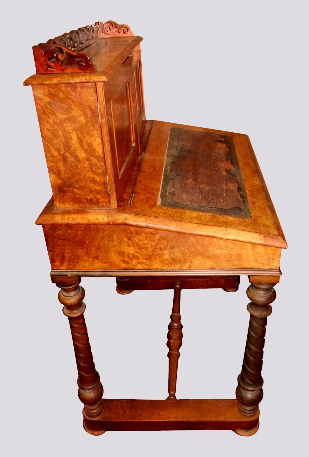 VICTORIAN BURLED WALNUT LADIES DESK W/ SHORT SECRETARY & PIERCED GALLERY