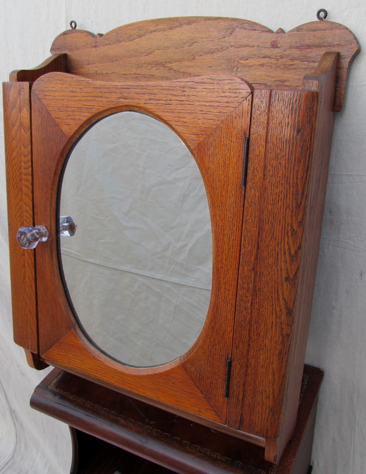 FINE VICTORIAN OAK MEDICINE CABINET WITH TOWEL BAR