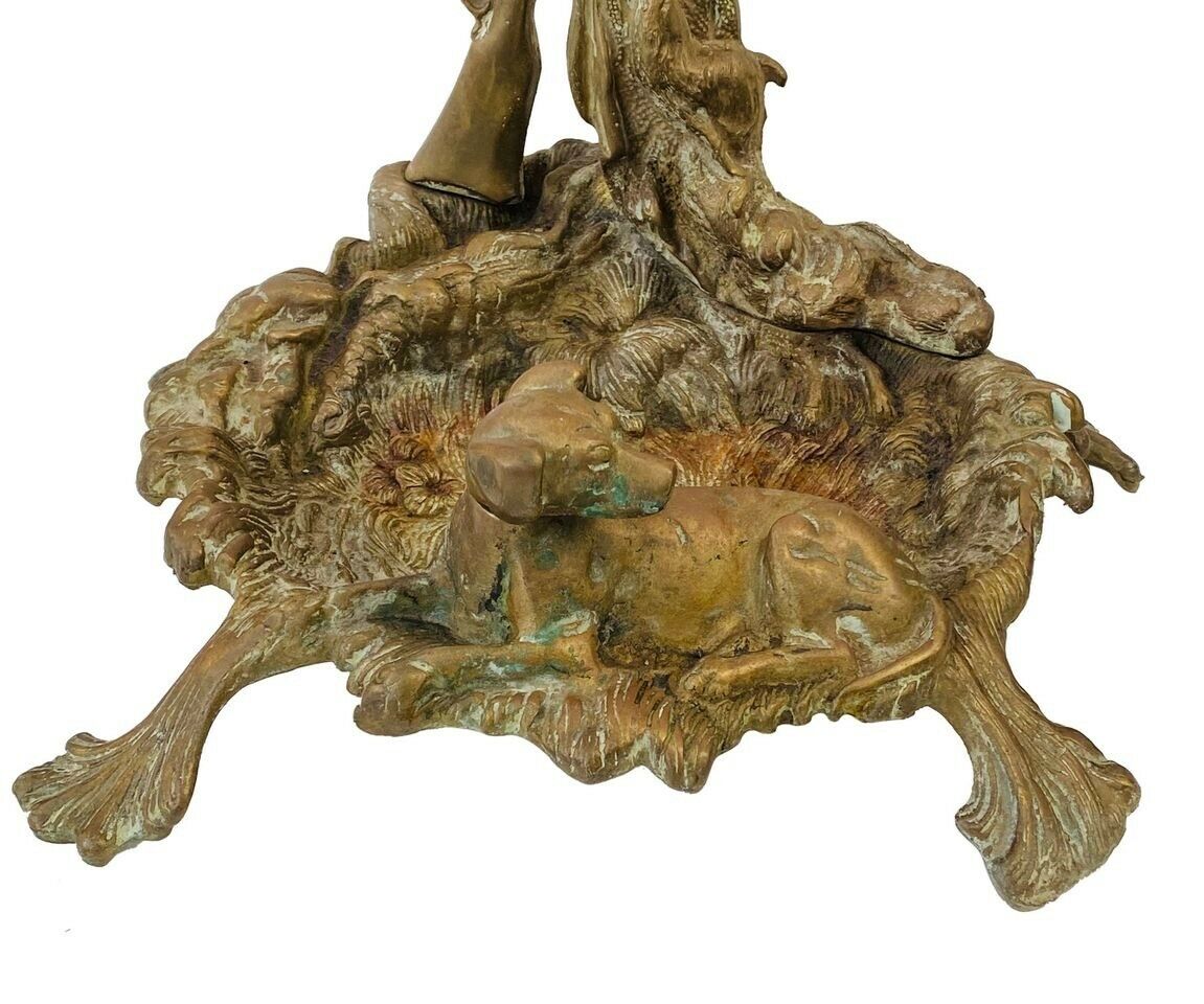 20TH C ANTIQUE ART NOUVEAU BRASS FIREPLACE TOOL HOLDER ~ HUNTING DOG SCENE