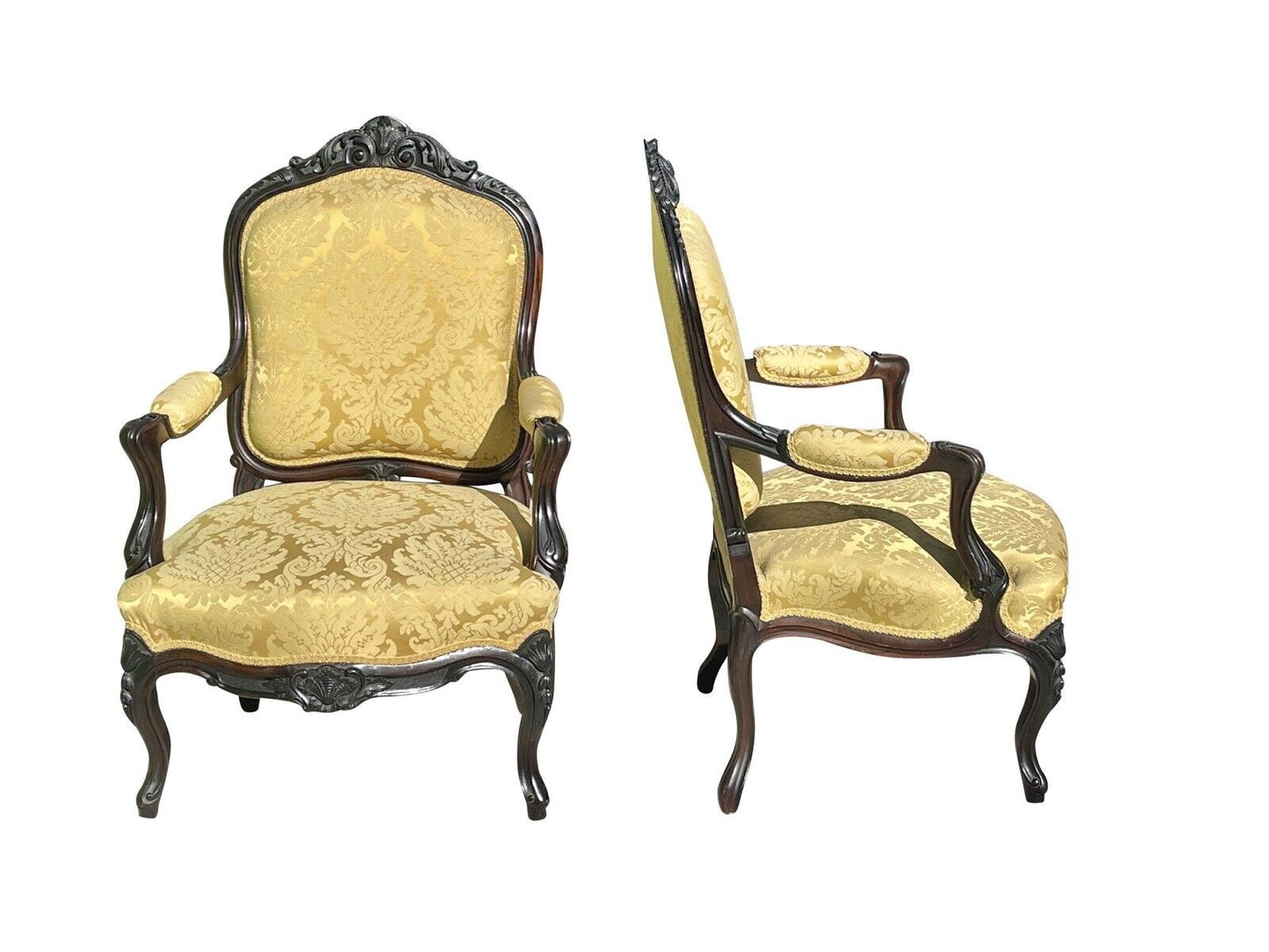 Pair of Louis Xiv Ebonized Rosewood Fauteuil a La Reine Arm Chairs in Satin Gold