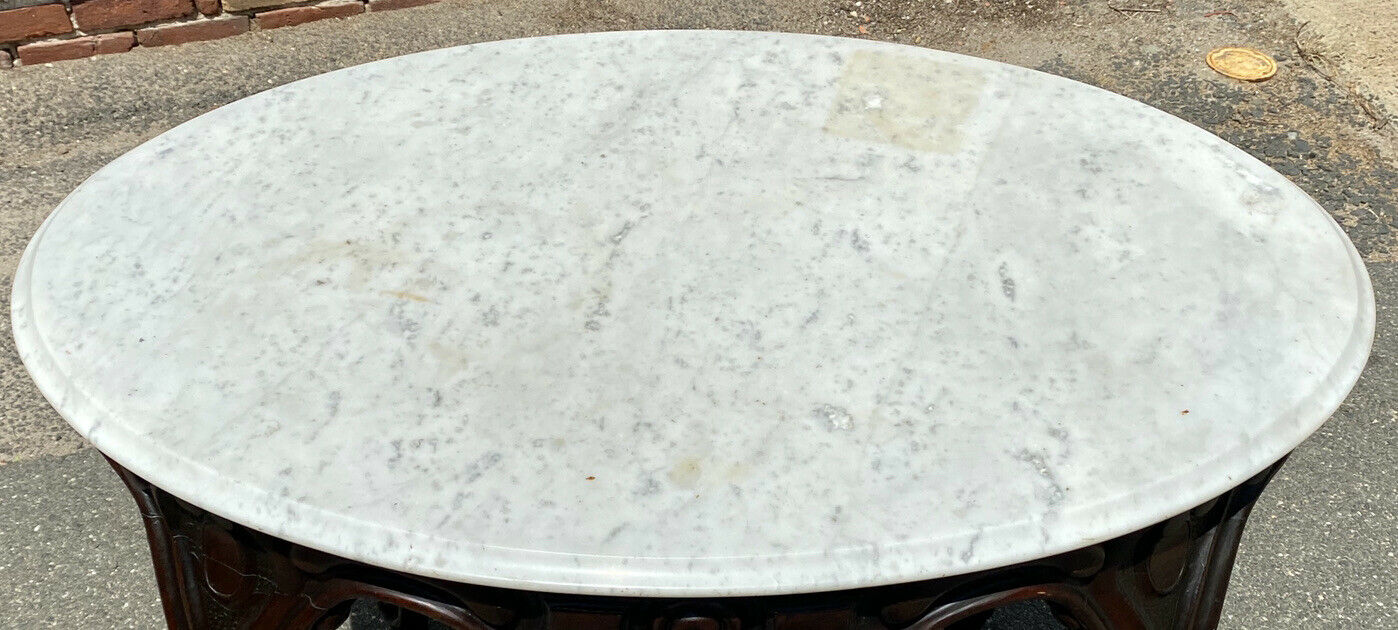 19TH C ANTIQUE VICTORIAN MARBLE TOP WALNUT PARLOR TABLE
