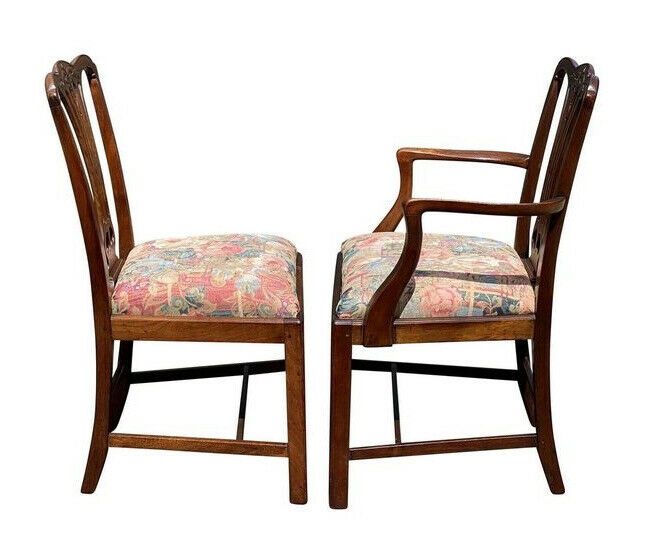 19TH C SET OF 8 ANTIQUE MAHOGANY CHIPPENDALE DINING CHAIRS W/ FLORAL SEATS