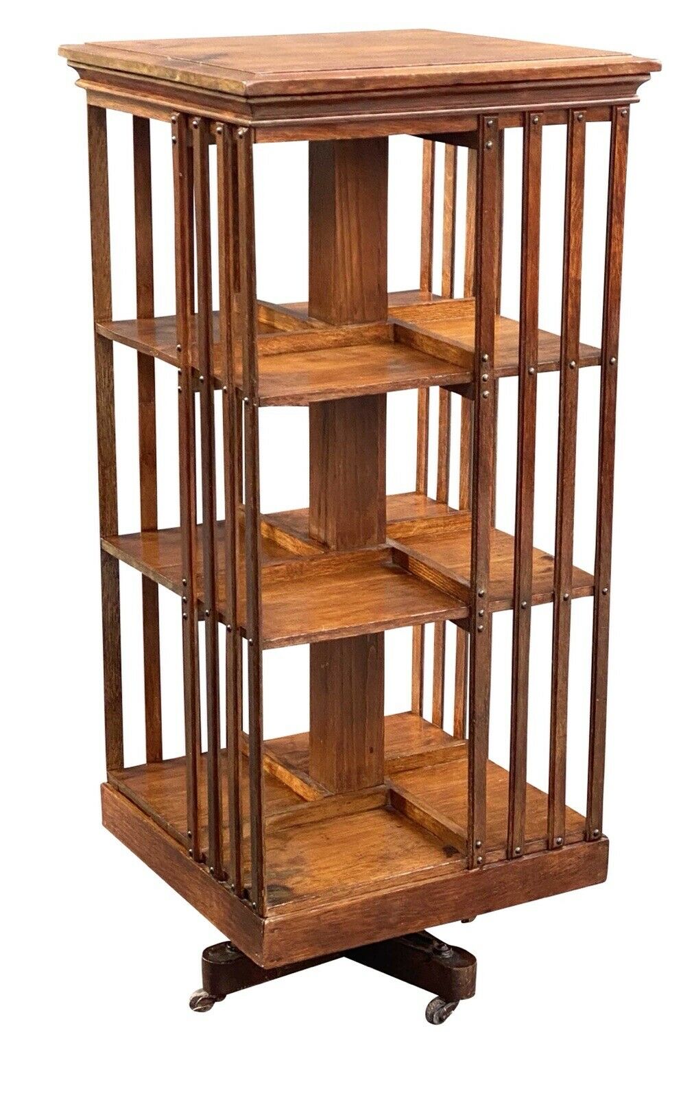 19TH C ANTIQUE TIGER OAK DANNER REVOLVING 3 TIER CHAMPION BOOKCASE