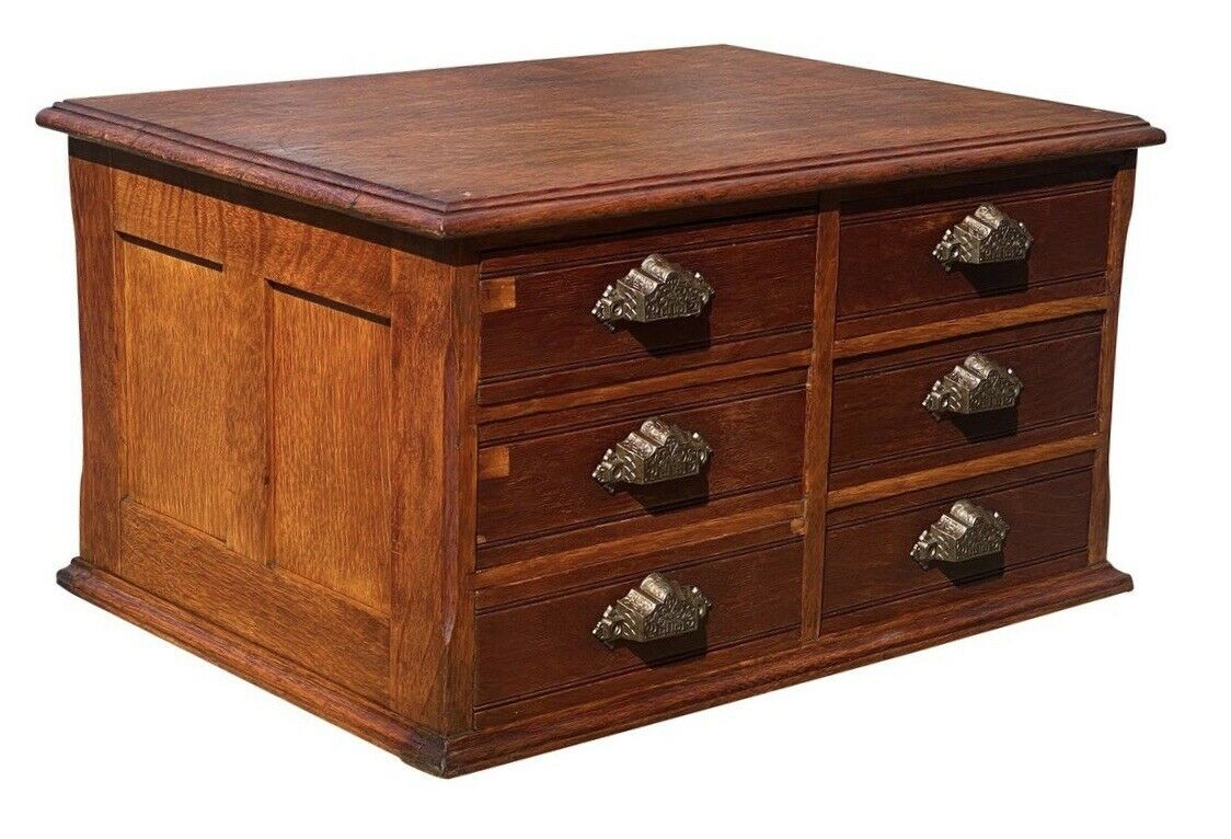 19TH C ANTIQUE VICTORIAN TIGER OAK 6 DRAWER DESKTOP FILE CABINET / SPOOL CABINET