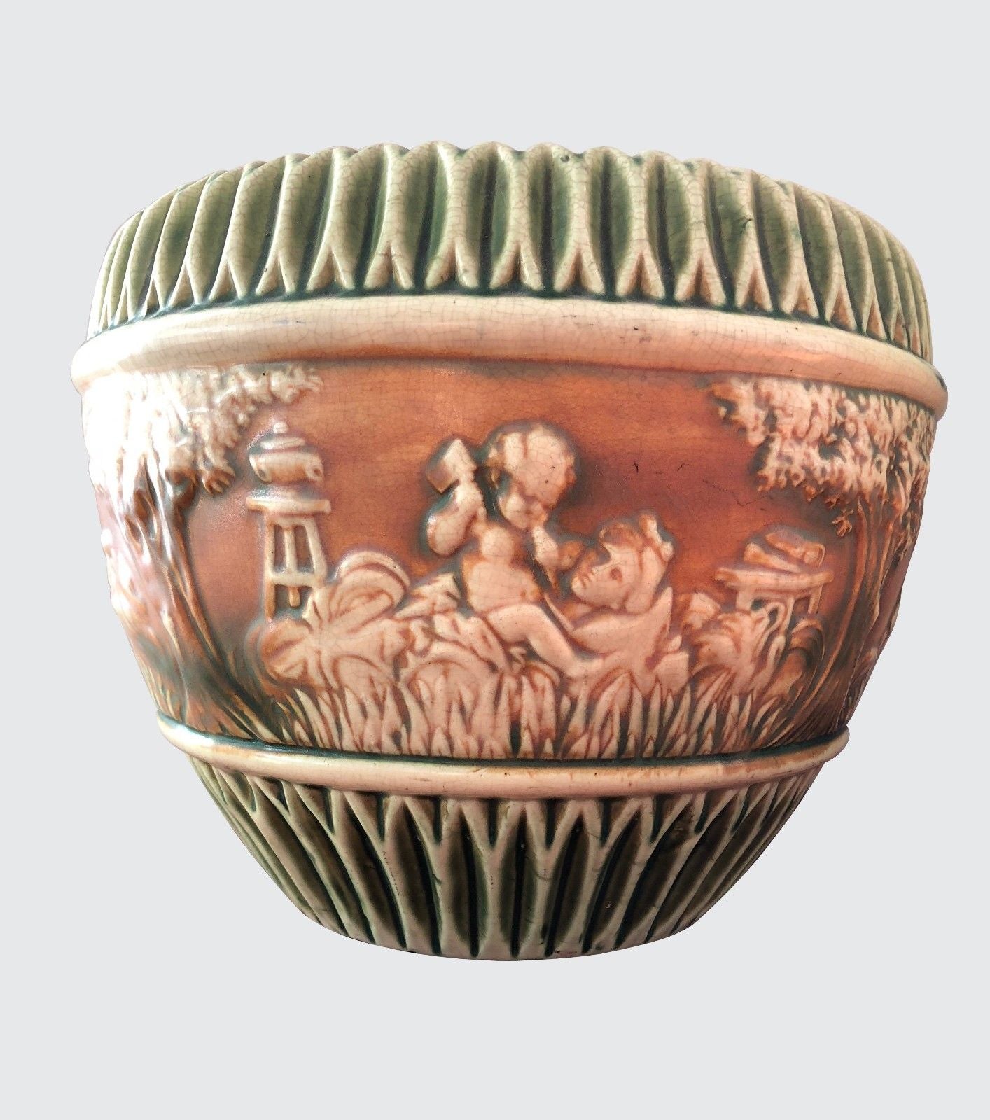 ARTS & CRAFTS ROSEVILLE DONATELLO PATTERN JARDINIERE ON STAND SET