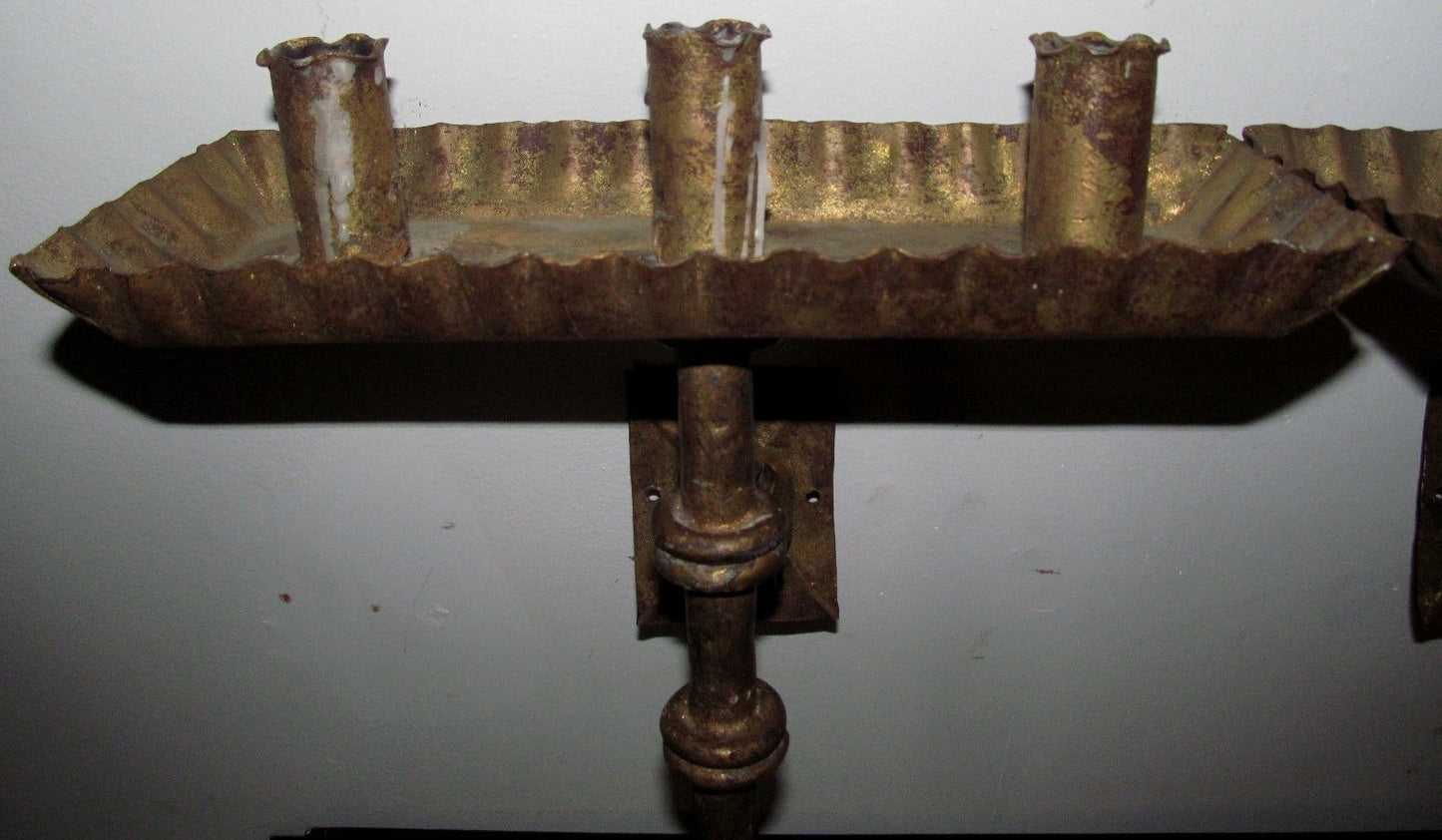 PAIR OF ANTIQUE CONTINENTAL GILT METAL GOTHIC STYLE WALL SCONCES