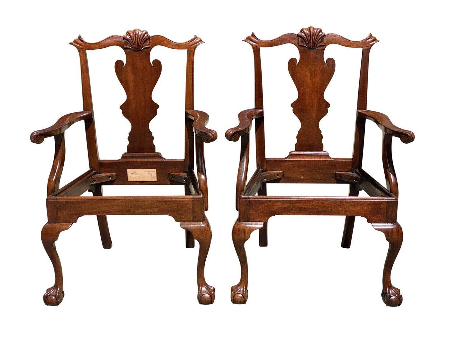 20th C Vintage Pair of Mahogany Henkel Harris Shell Carved Armchairs