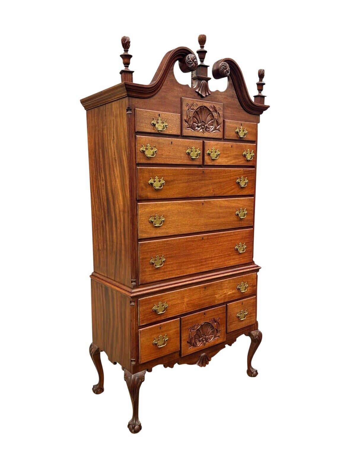 Antique Chippendale Style Mahogany Shell Carved Highboy on Ball & Claw Feet