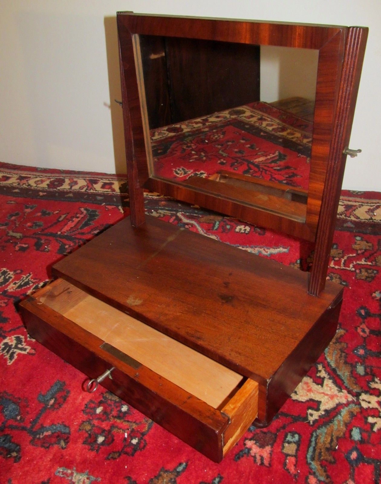 FEDERAL PERIOD MAHOGANY SHAVING MIRROR W/DRAWER, LOCK & TINY BUN FEET
