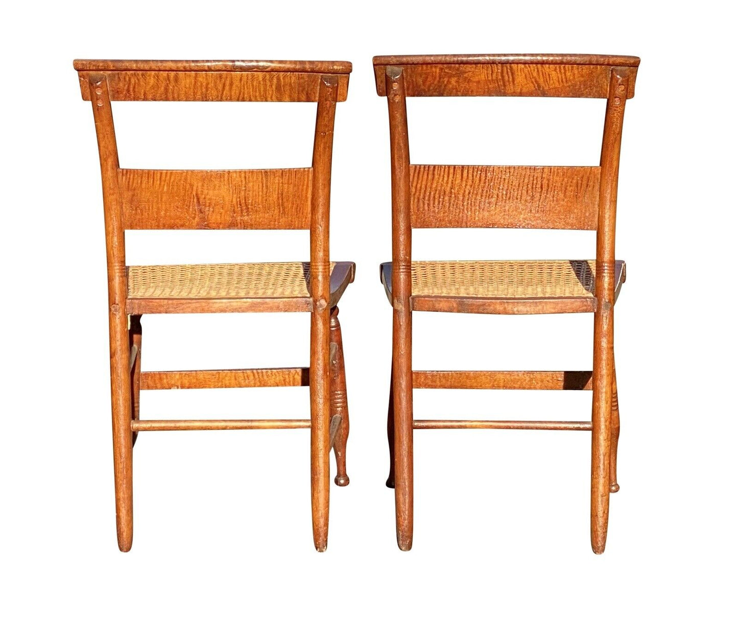 19th C Antique Pair of Tiger Maple Side Chairs With Cane Seats