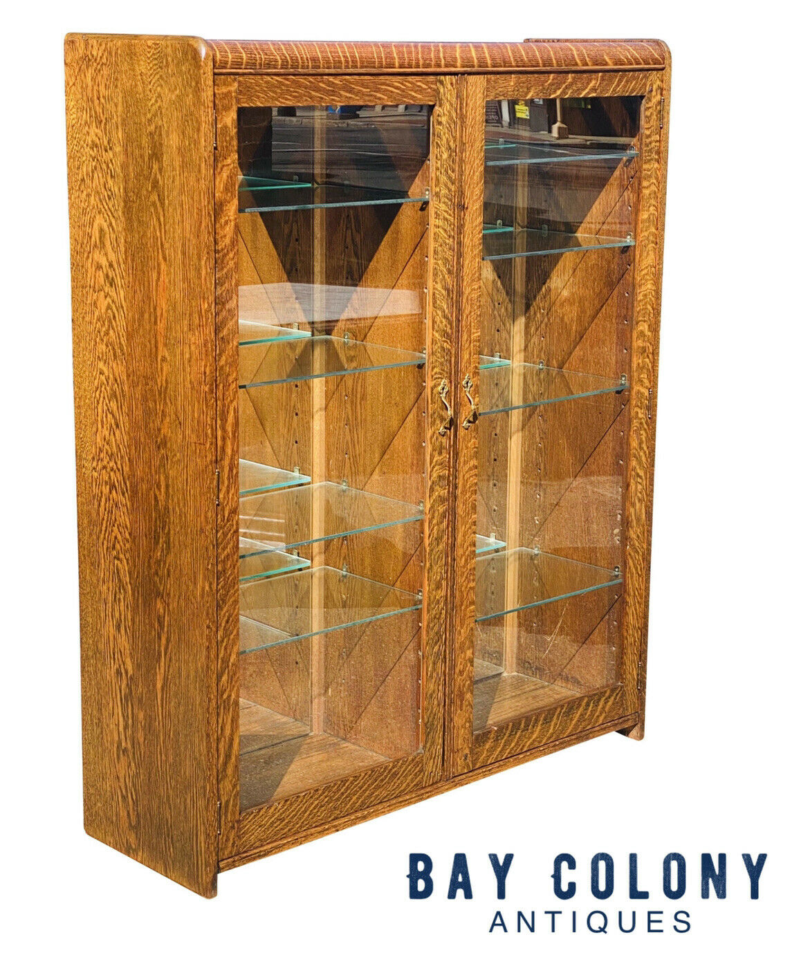 19TH C ANTIQUE VICTORIAN TIGER OAK DOUBLE DOOR BOOKCASE / CHINA CABINET