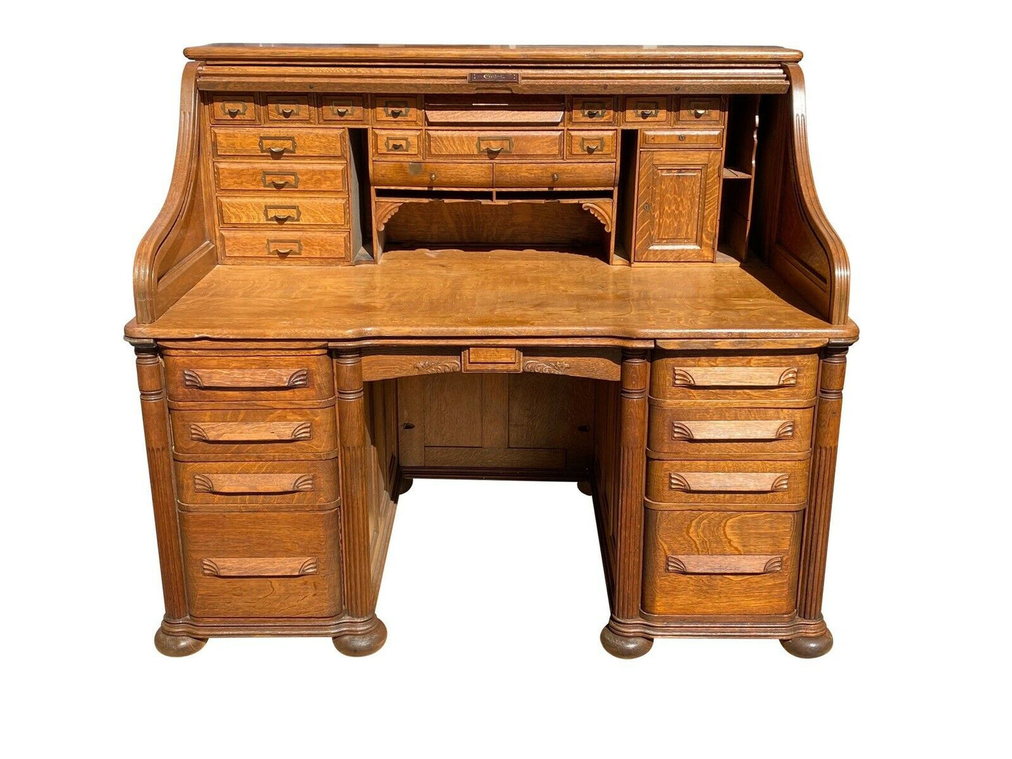 19TH C ANTIQUE VICTORIAN CUTLER DESK COMPANY TIGER OAK S CURVE ROLL TOP DESK