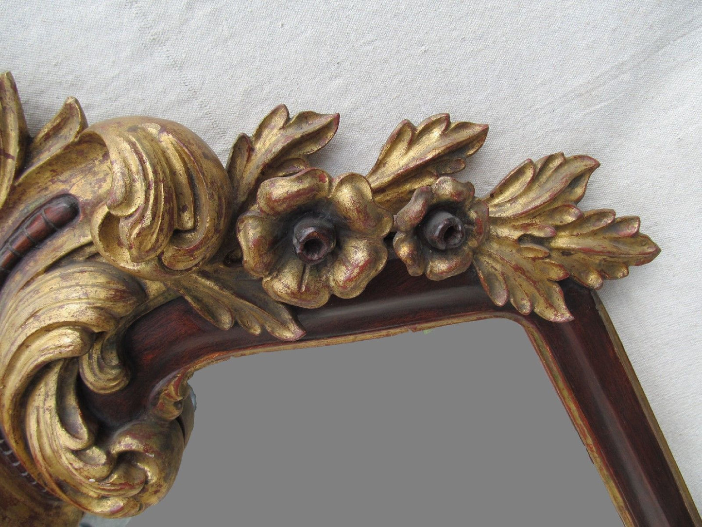 VICTORIAN ROCOCO STYLE ROSEWOOD MIRROR WITH GOLD GILT FLORAL CREST - 62" TALL