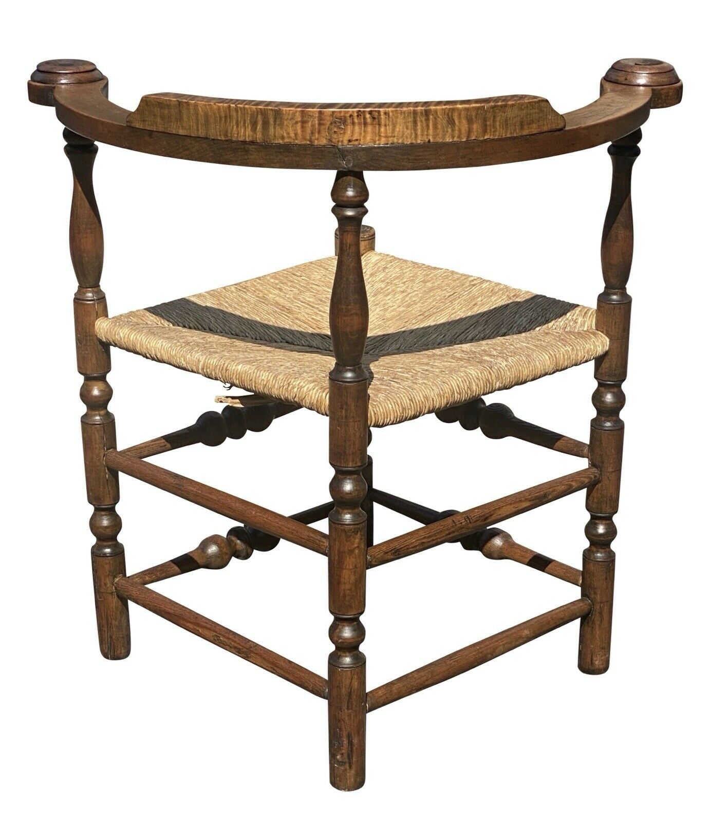18TH C ANTIQUE QUEEN ANNE TIGER MAPLE ROUNDABOUT / CORNER CHAIR W/ RUSH SEAT