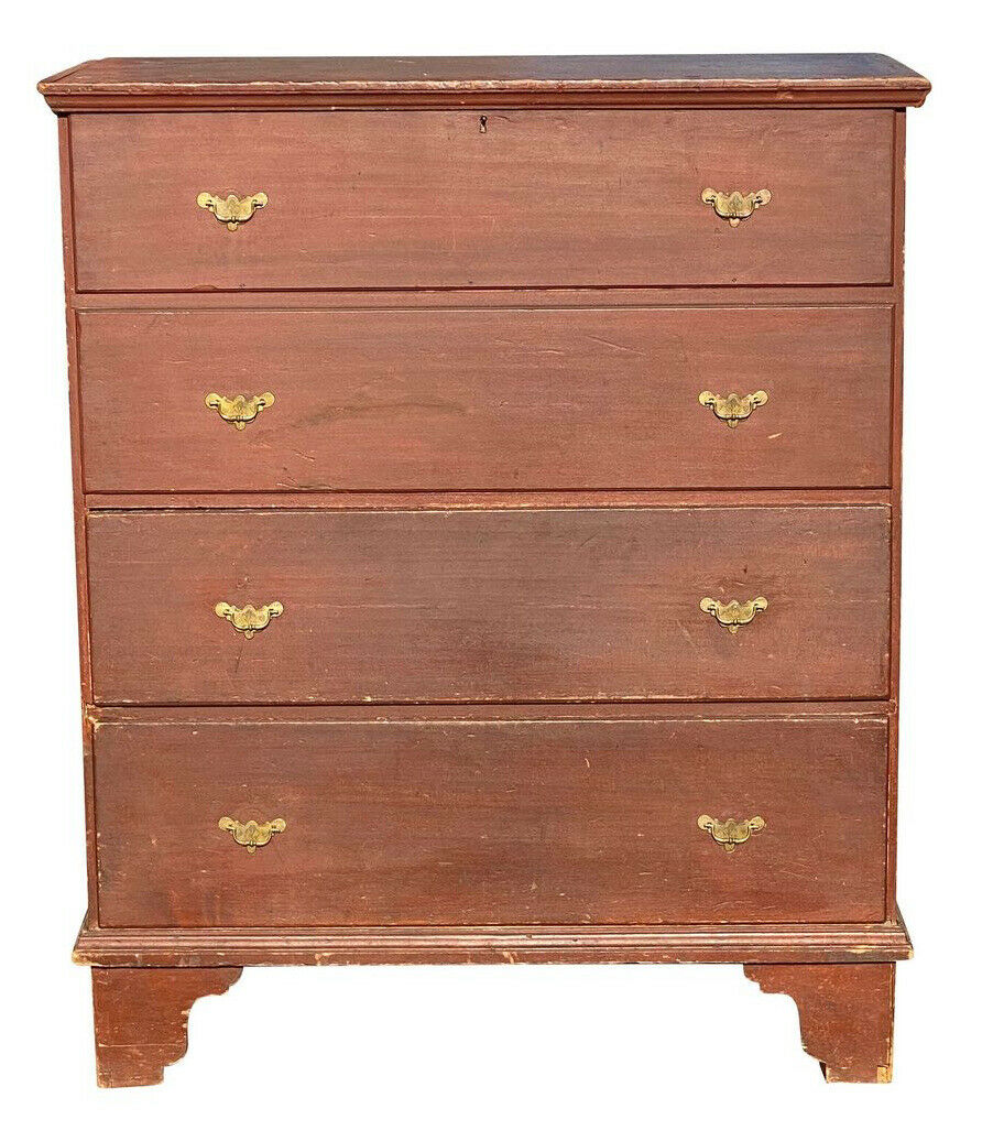 18TH C ANTIQUE QUEEN ANNE PERIOD RED WASH 2 DRAWER LIFT TOP BLANKET BOX