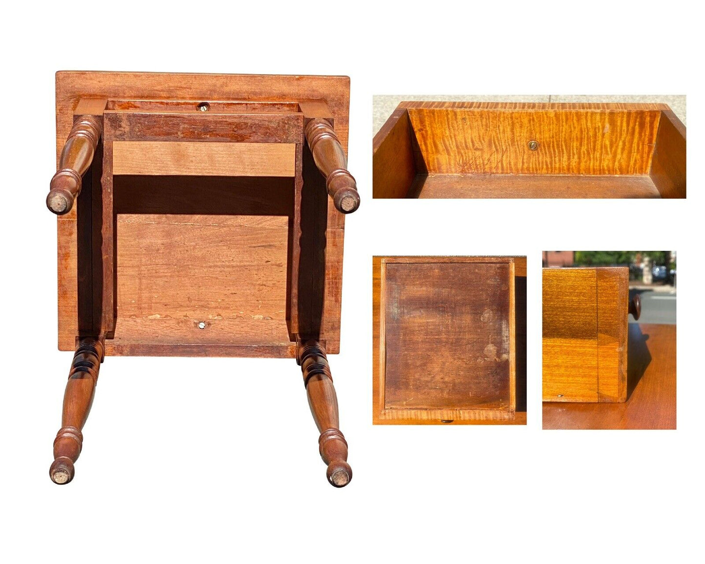 19th C Antique Sheraton Cherry & Tiger Maple Worktable / Nightstand
