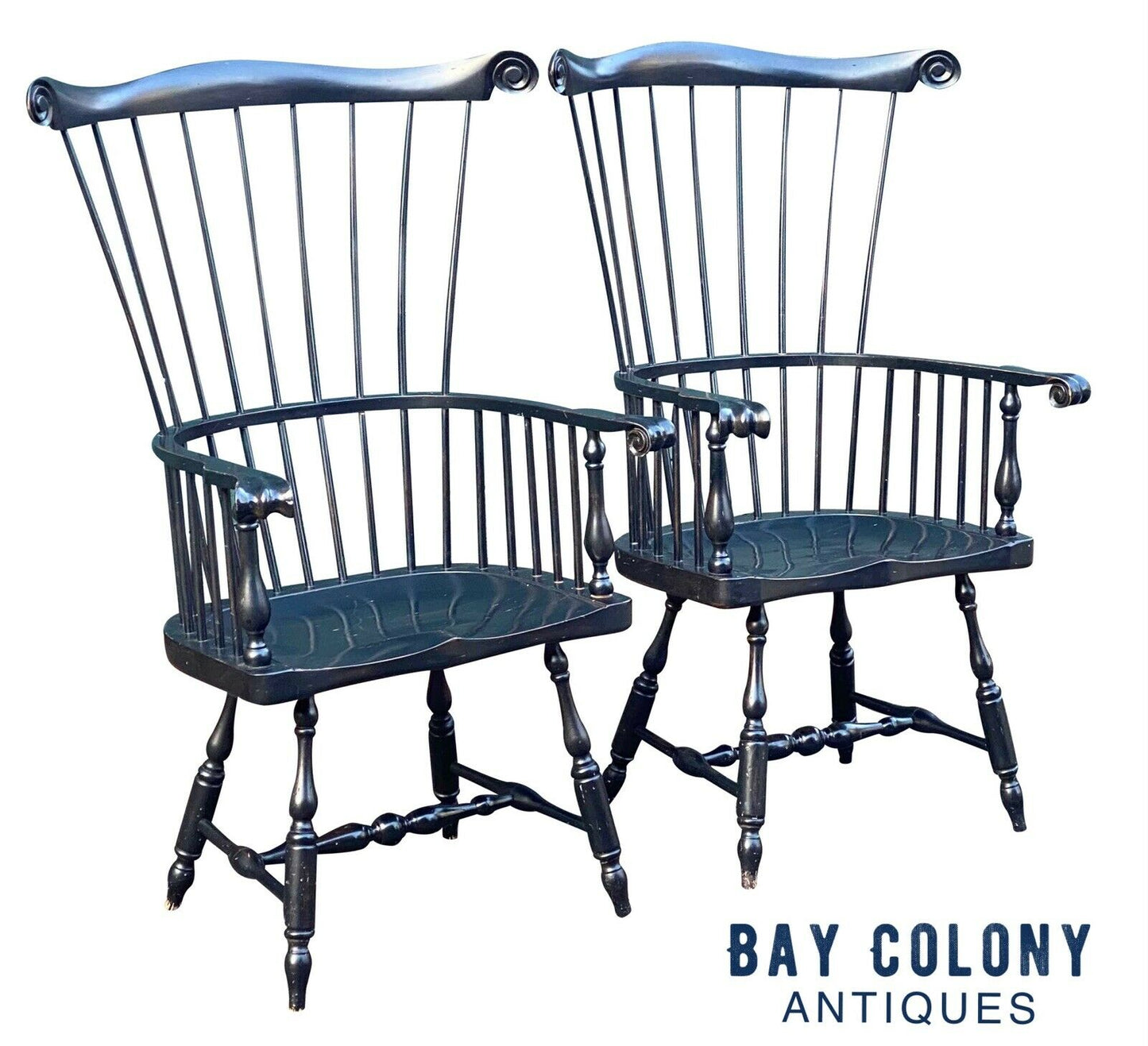 20th C Antique Style Pair of Windsor Comb Back Black Painted Arm Chairs