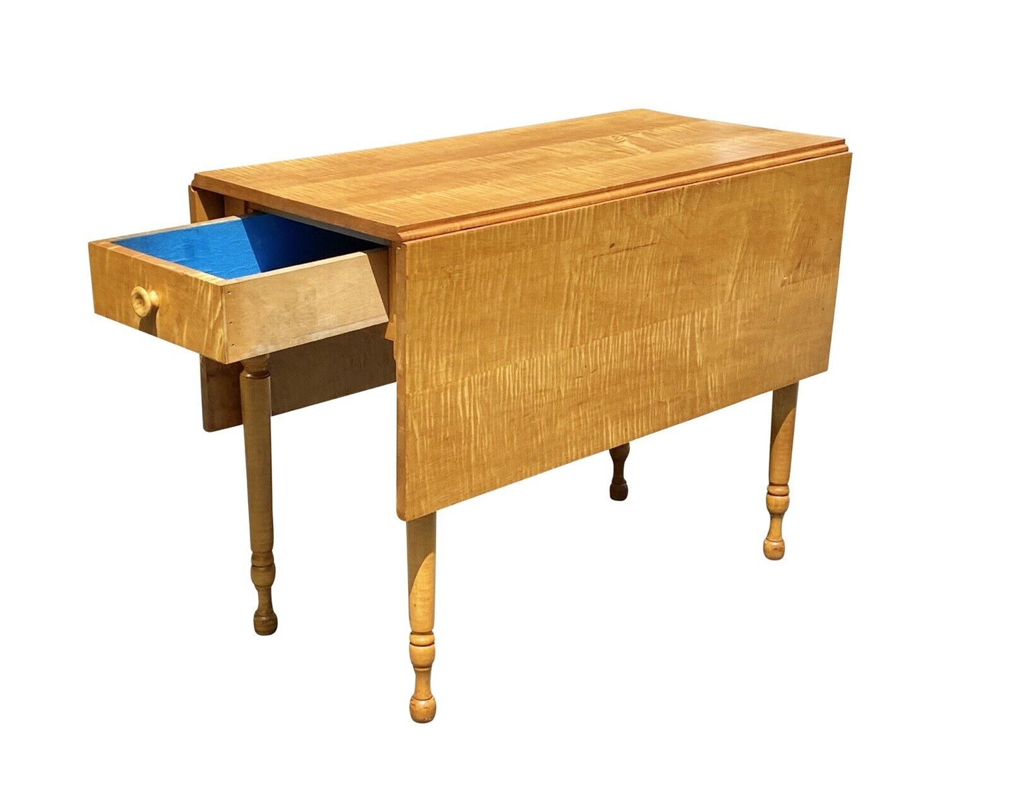 Vintage Federal Style Tiger Maple Dropleaf Dining Table With Rare Single Drawer