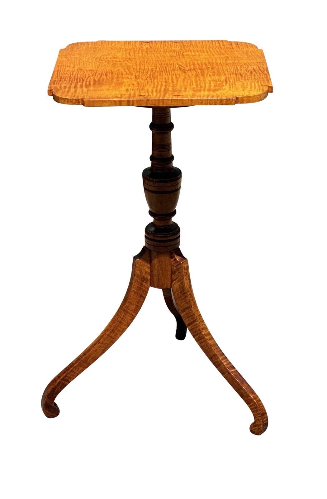 19th C Antique Federal Period Tiger Maple Candlestand / End Table - Curly Maple