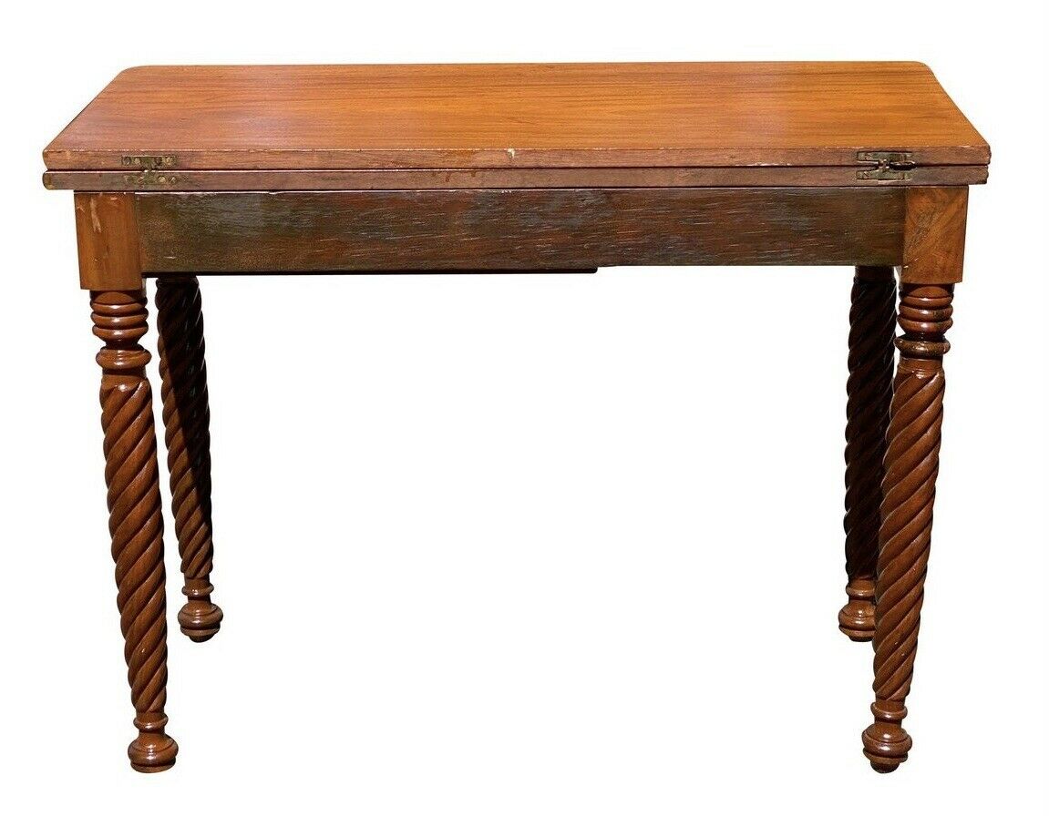 19TH C ANTIQUE SHERATON MAHOGANY ROPE LEG GAME TABLE / CARD TABLE