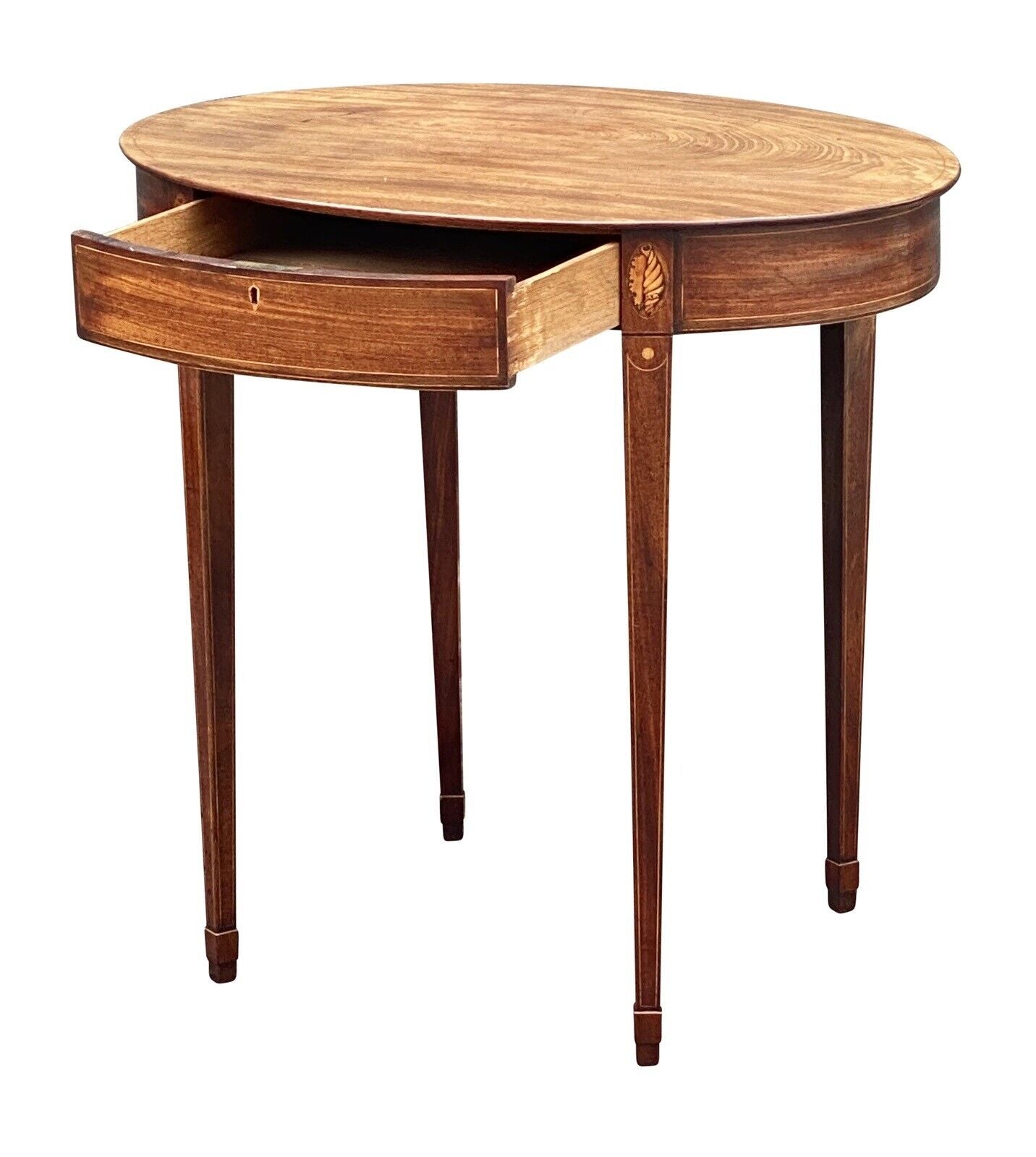 19th C Antique Federal Period Oval Mahogany Work Table - Conch Shell Inlay