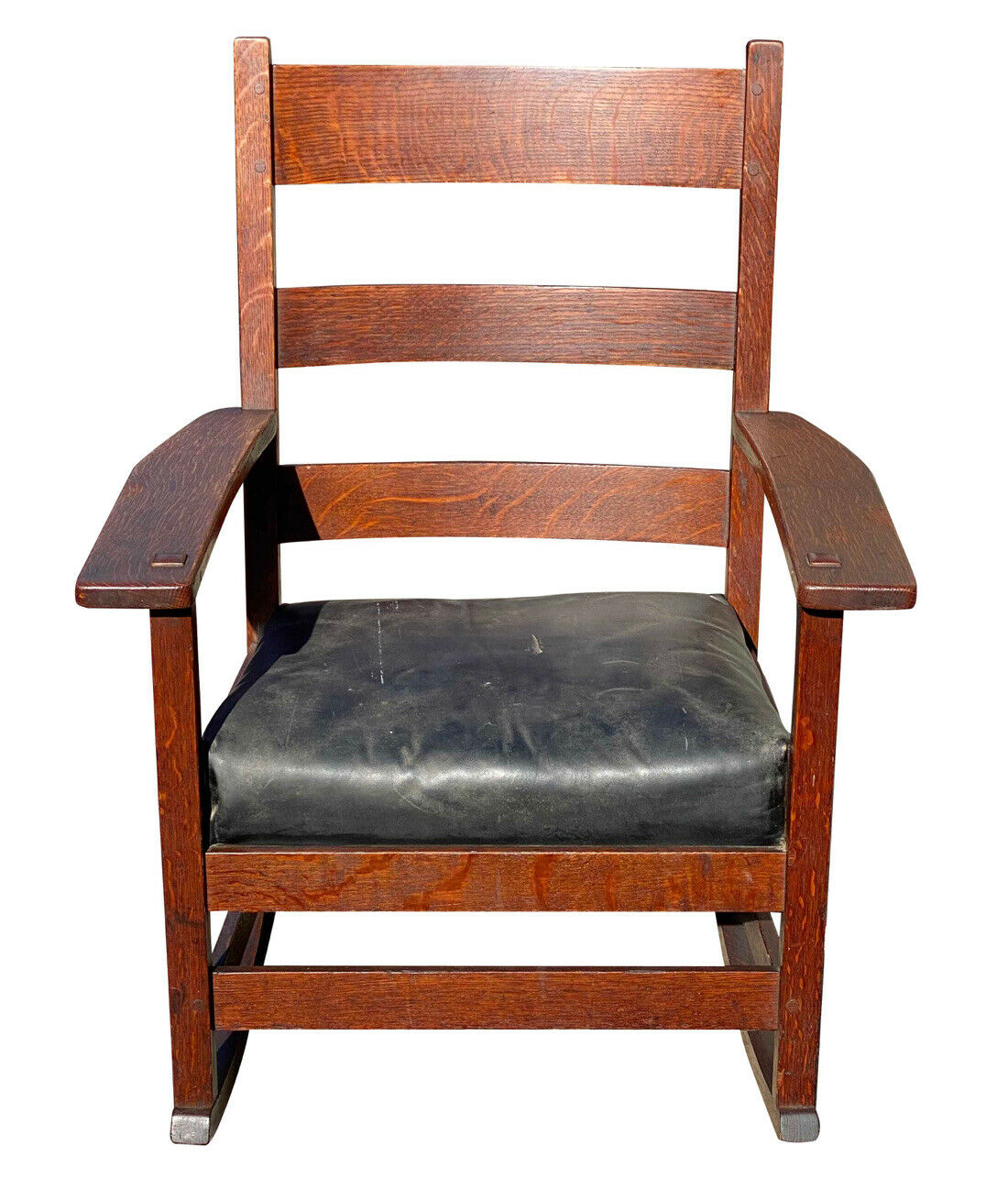 20TH C ANTIQUE ARTS & CRAFTS / MISSION OAK L&JG STICKLEY TIGER OAK ROCKING CHAIR