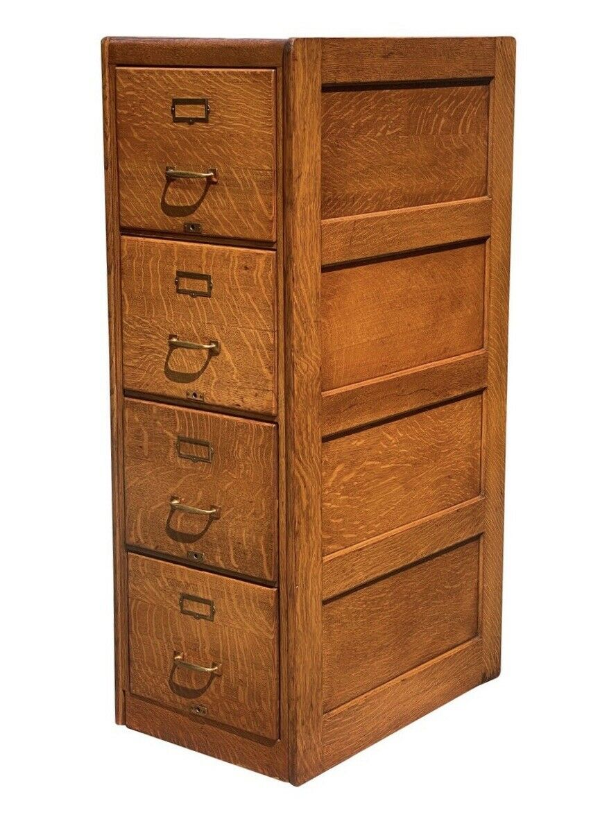 20TH C ANTIQUE ARTS & CRAFTS TIGER OAK 4 DRAWER LETTER FILE CABINET