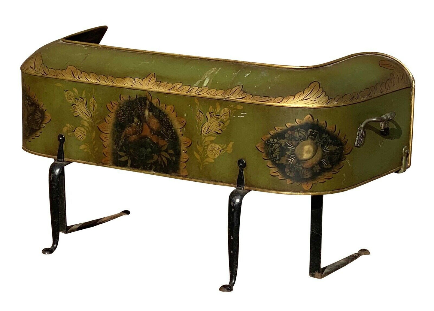 19th C Antique Green & Gilt Paint Tole Fireplace Warmer W/ Folk Art Paintings