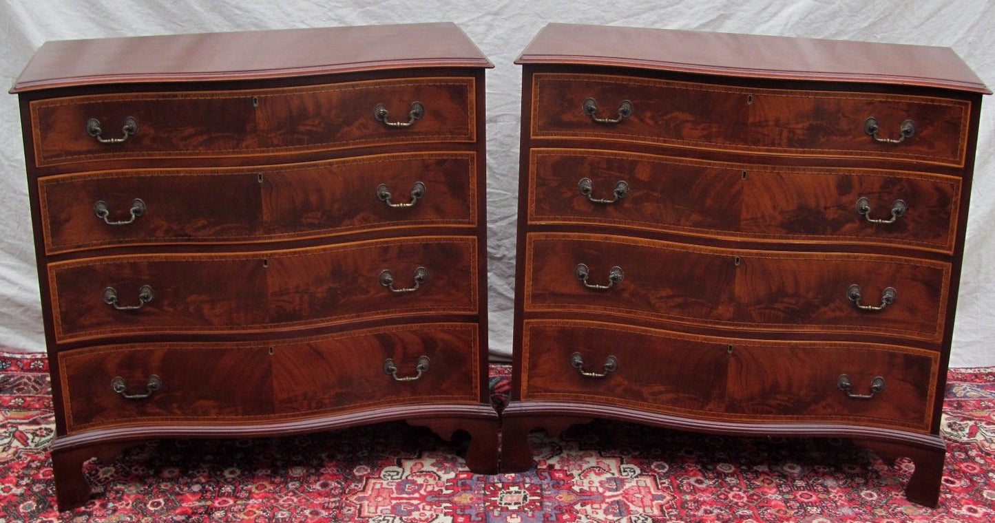 PAIR OF CHIPPENDALE SERPENTINE INLAID MAHOGANY BACHELORS DRESSERS BY J. GERTE