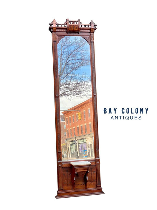 19th C Antique Large Victorian Walnut Pier Mirror / Hall Tree --- 8' 4" Tall