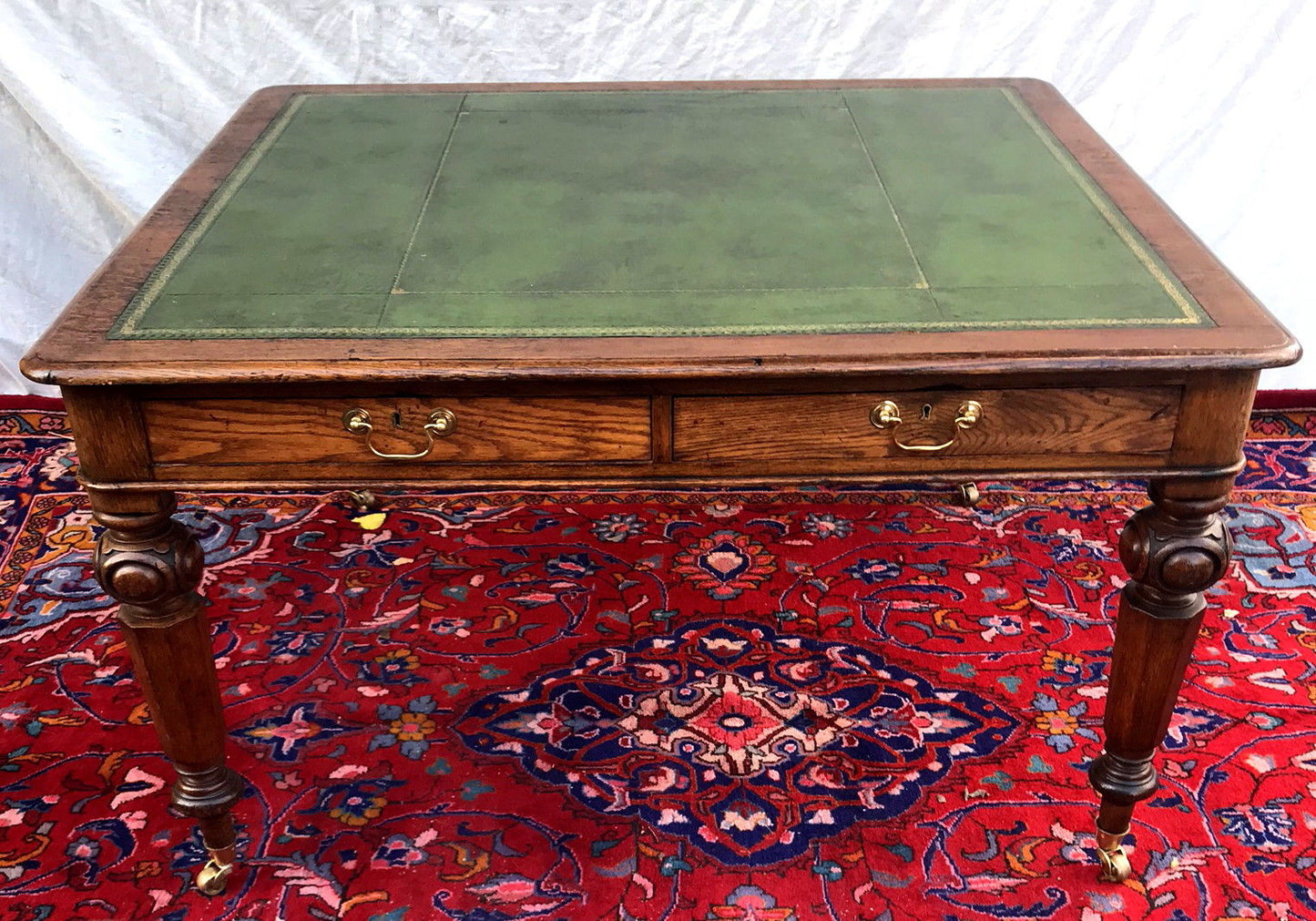 VICTORIAN OAK GOTHIC STYLE PARTNER'S DESK - OUTSTANDING GREEN LEATHER TOP