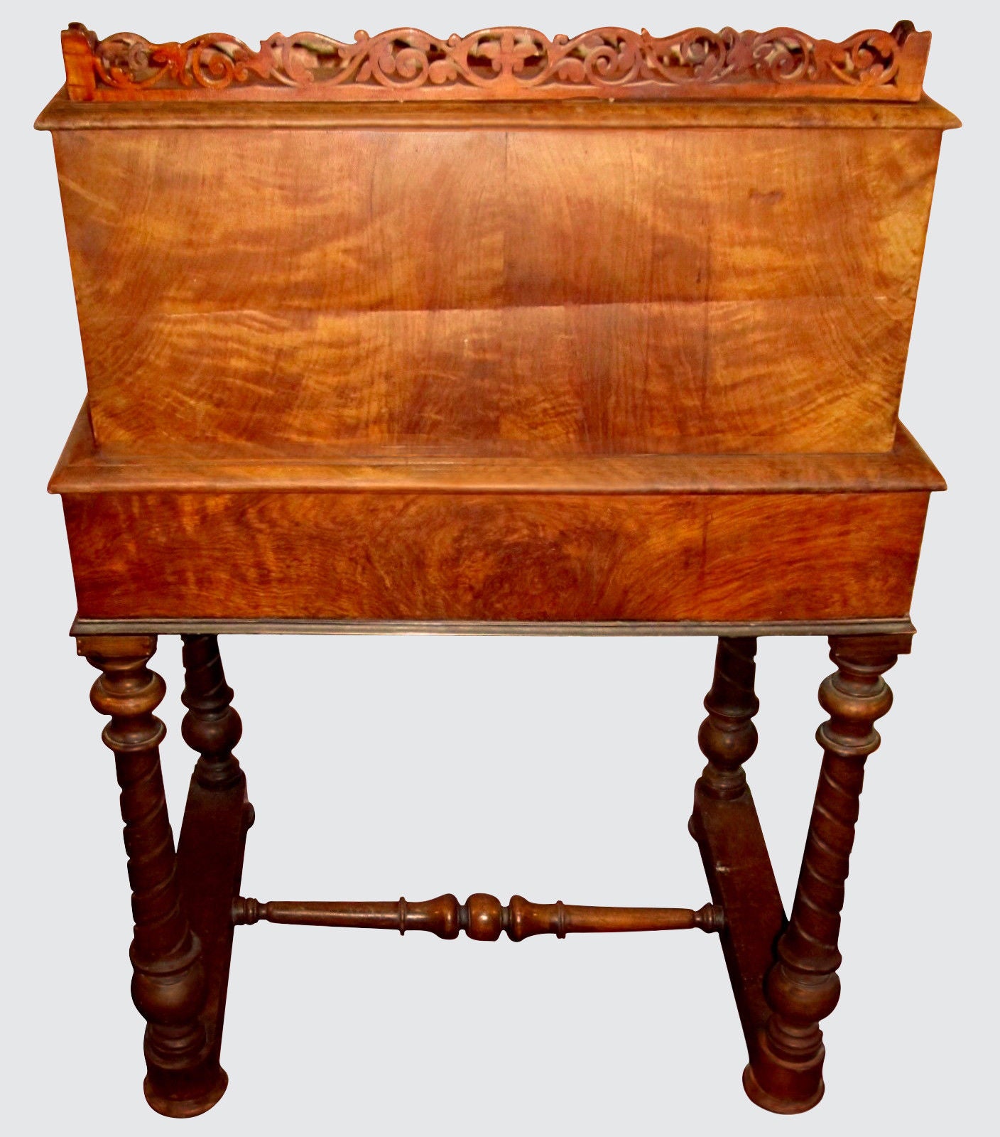 VICTORIAN BURLED WALNUT LADIES DESK W/ SHORT SECRETARY & PIERCED GALLERY