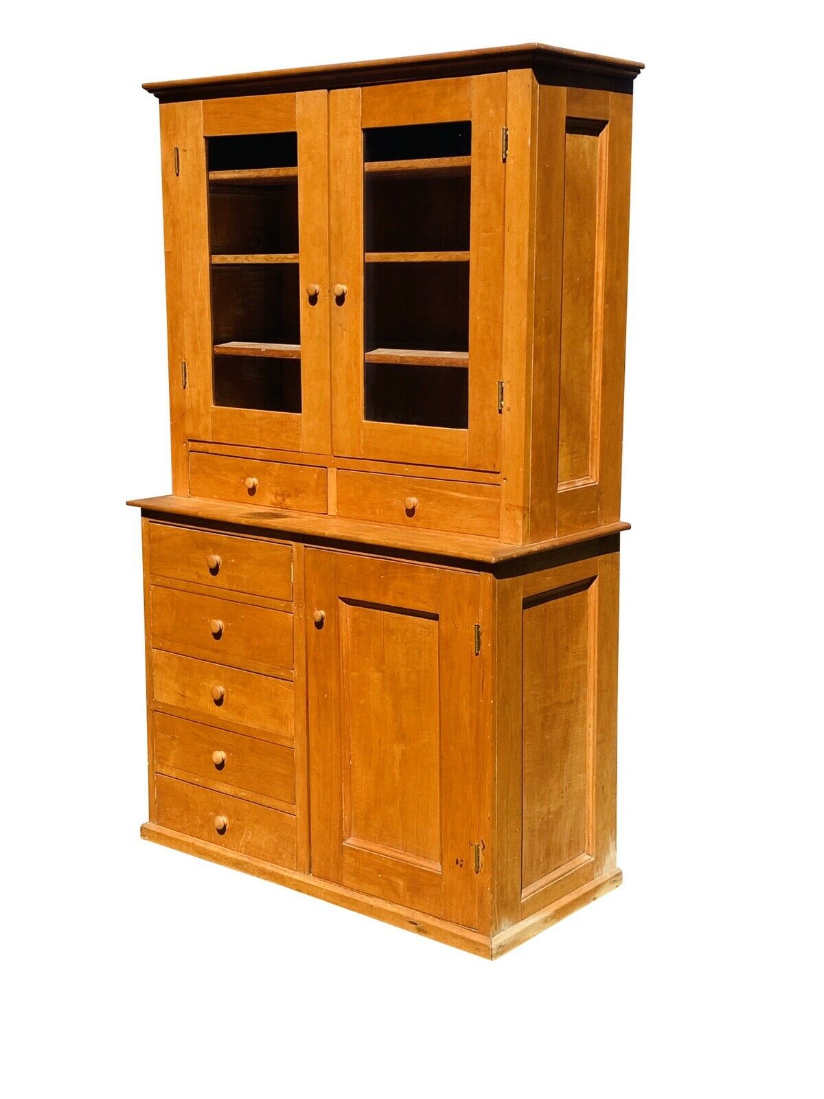 19TH C COUNTRY PRIMITIVE ANTIQUE SHAKER MAPLE CABINET / STEP BACK CUPBOARD HUTCH