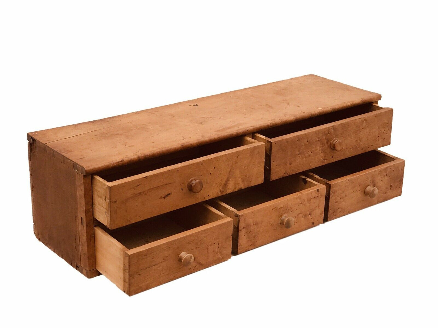 19TH C ANTIQUE SHAKER BIRDS EYE MAPLE 5 DRAWER PRIMITIVE SPICE BOX