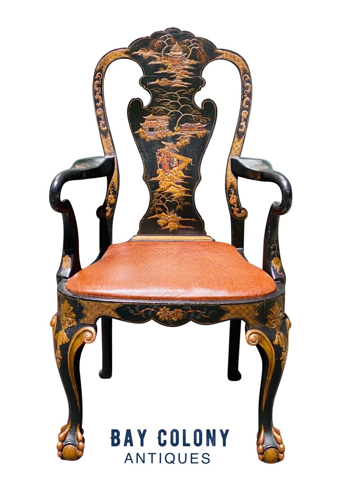 20TH C CHINESE CHIPPENDALE ANTIQUE STYLE DESK CHAIR - CHINOISERIE PAINT