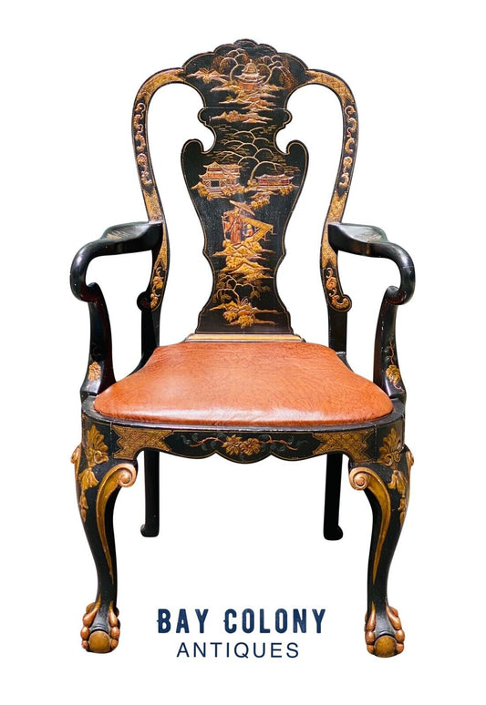 20TH C CHINESE CHIPPENDALE ANTIQUE STYLE DESK CHAIR - CHINOISERIE PAINT