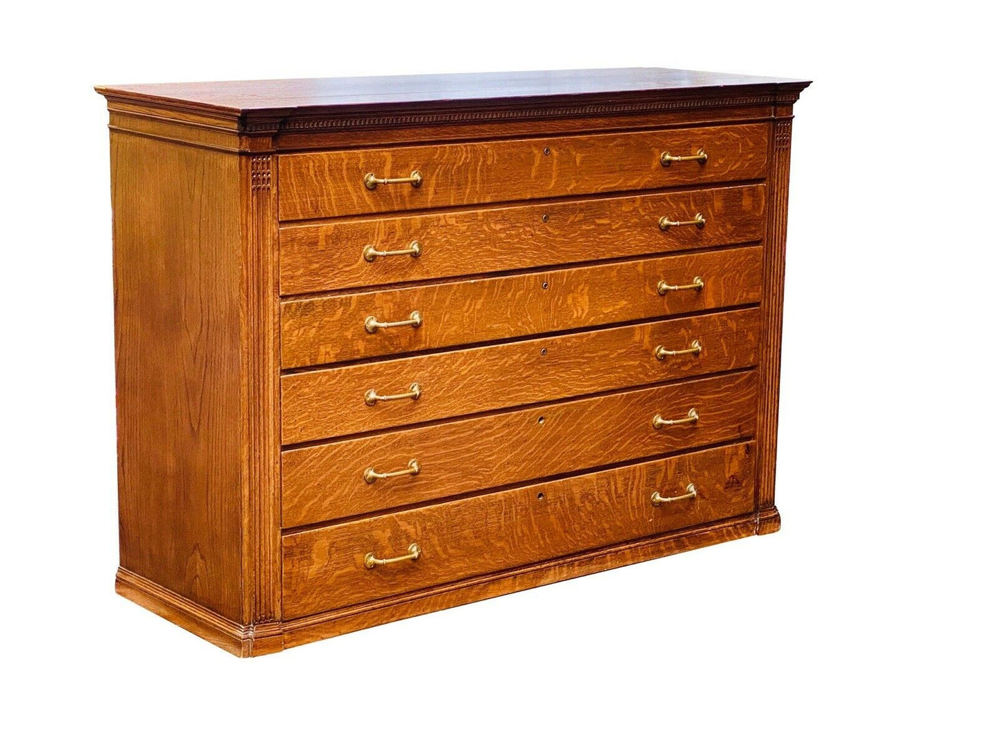 19TH C ANTIQUE LARGE VICTORIAN TIGER OAK 6 DRAWER LATERAL FILE CABINET ~ 5+ FEET