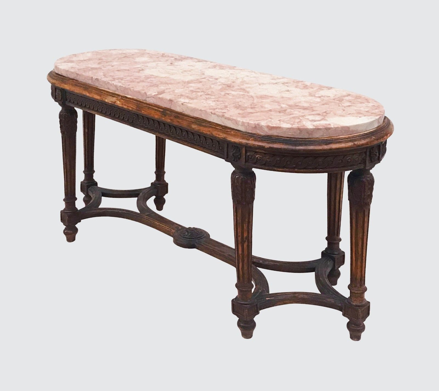 FRENCH STYLED CARVED OAK MARBLE TOPPED WINDOW BENCH TABLE