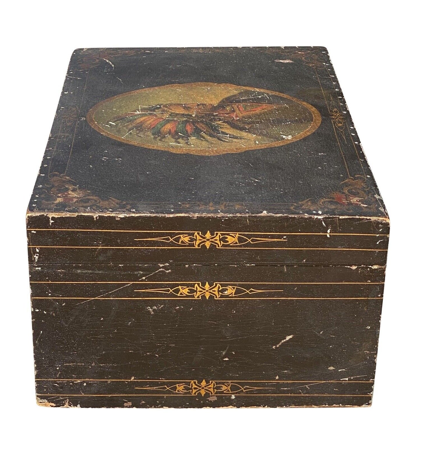 19th C Antique Folk Art Painted Document Box Depicting Native American War Chief