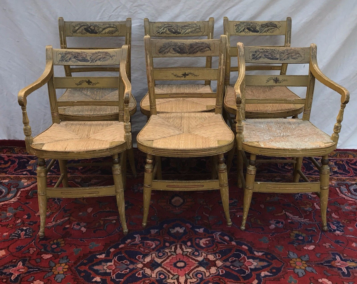 SET OF SIX ANTIQUE SHERATON FANCY CHAIRS IN OLD MUSTARD PAINT