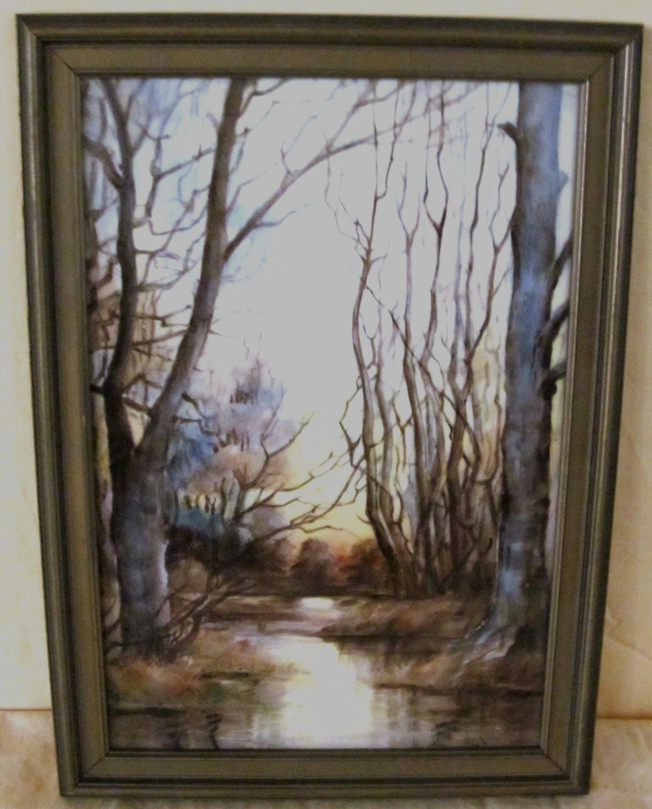 ANTIQUE OIL ON PORCELAIN PLAQUE LANDSCAPE PAINTING OF BIRCHES & STREAM