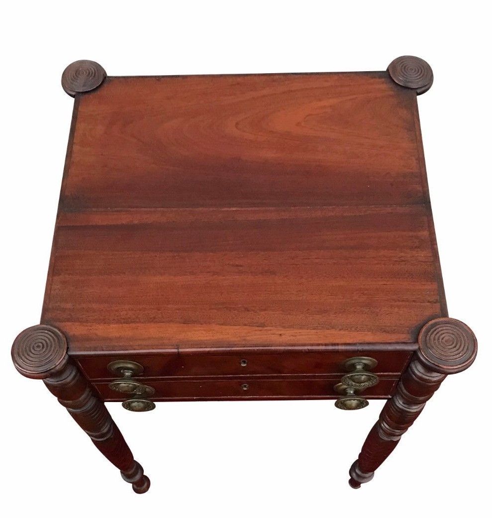 FINE SALEM MASSACHUSETTS SHERATON WORK TABLE WITH TURRET CORNERS & ROPE CARVINGS