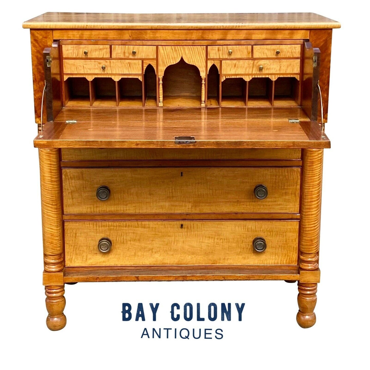 19th C Antique Pennsylvania Federal Cherry & Tiger Maple Butlers Desk / Chest